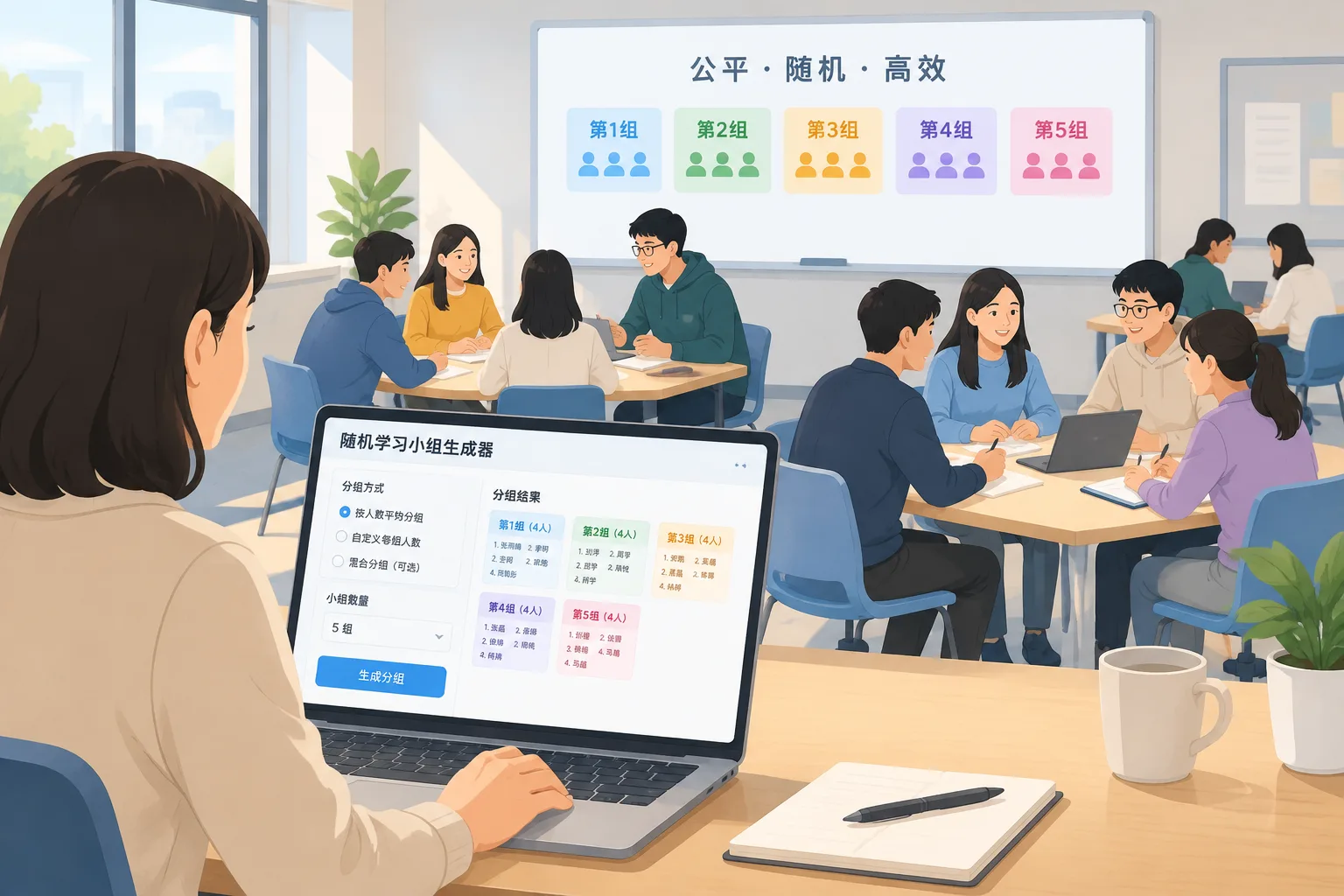 teacher reviewing balanced random study groups on screen
