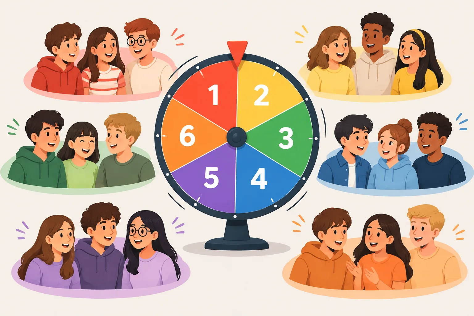 Clean instructional illustration of a spinning wheel divided into six colored sectors