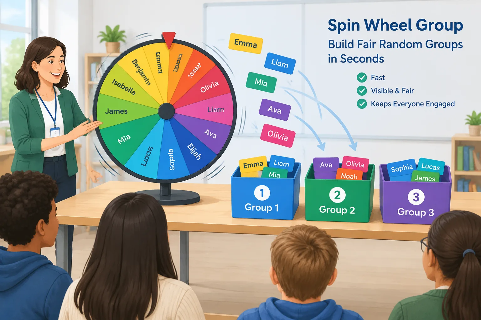 Wide clean instructional illustration of a spinning wheel divided into colorful labeled segments