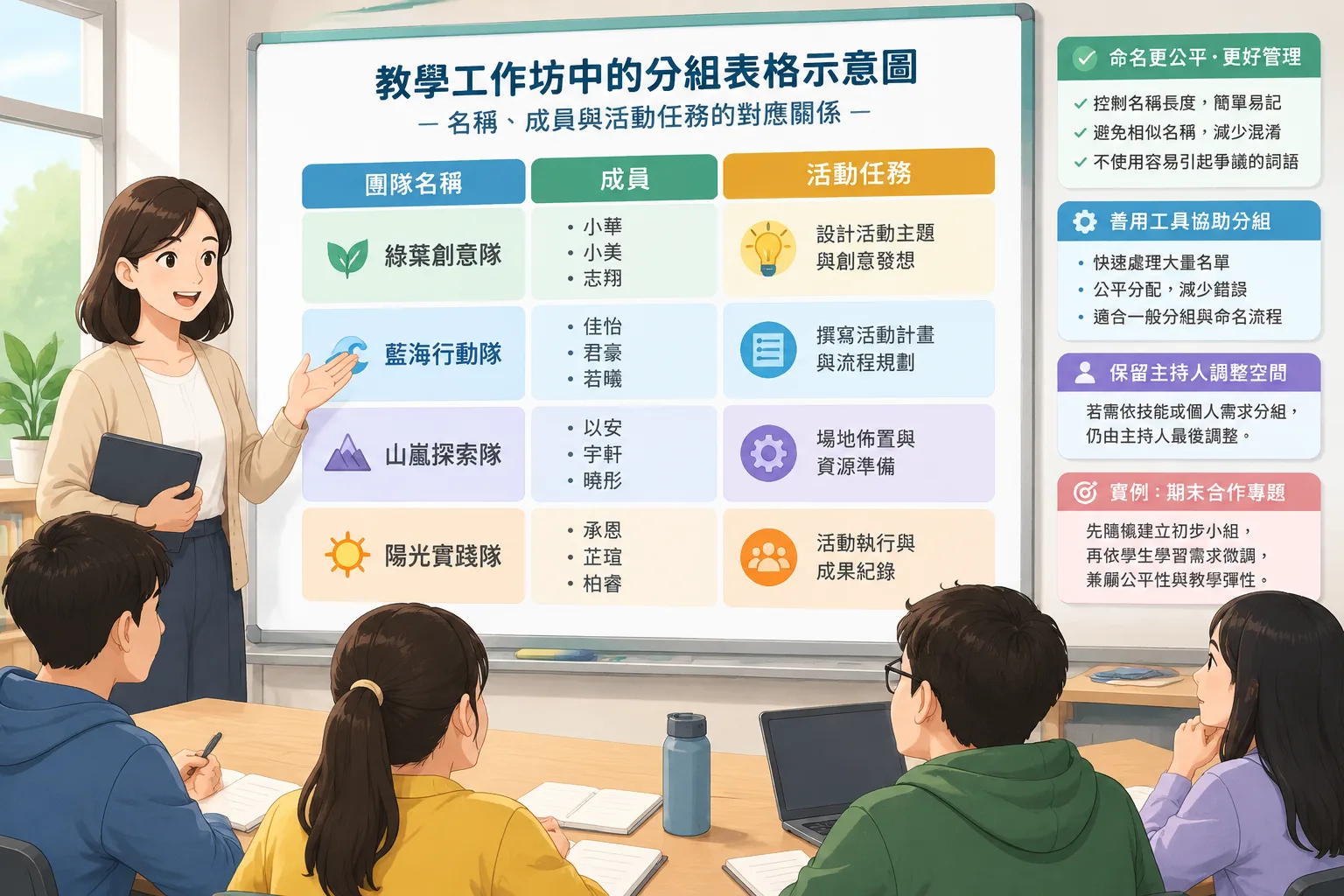 教學工作坊中的分組表格示意圖，展示名稱、成員與活動任務的對應關係