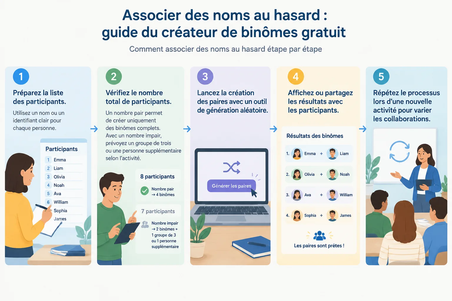 Schéma étape par étape montrant une liste de participants
