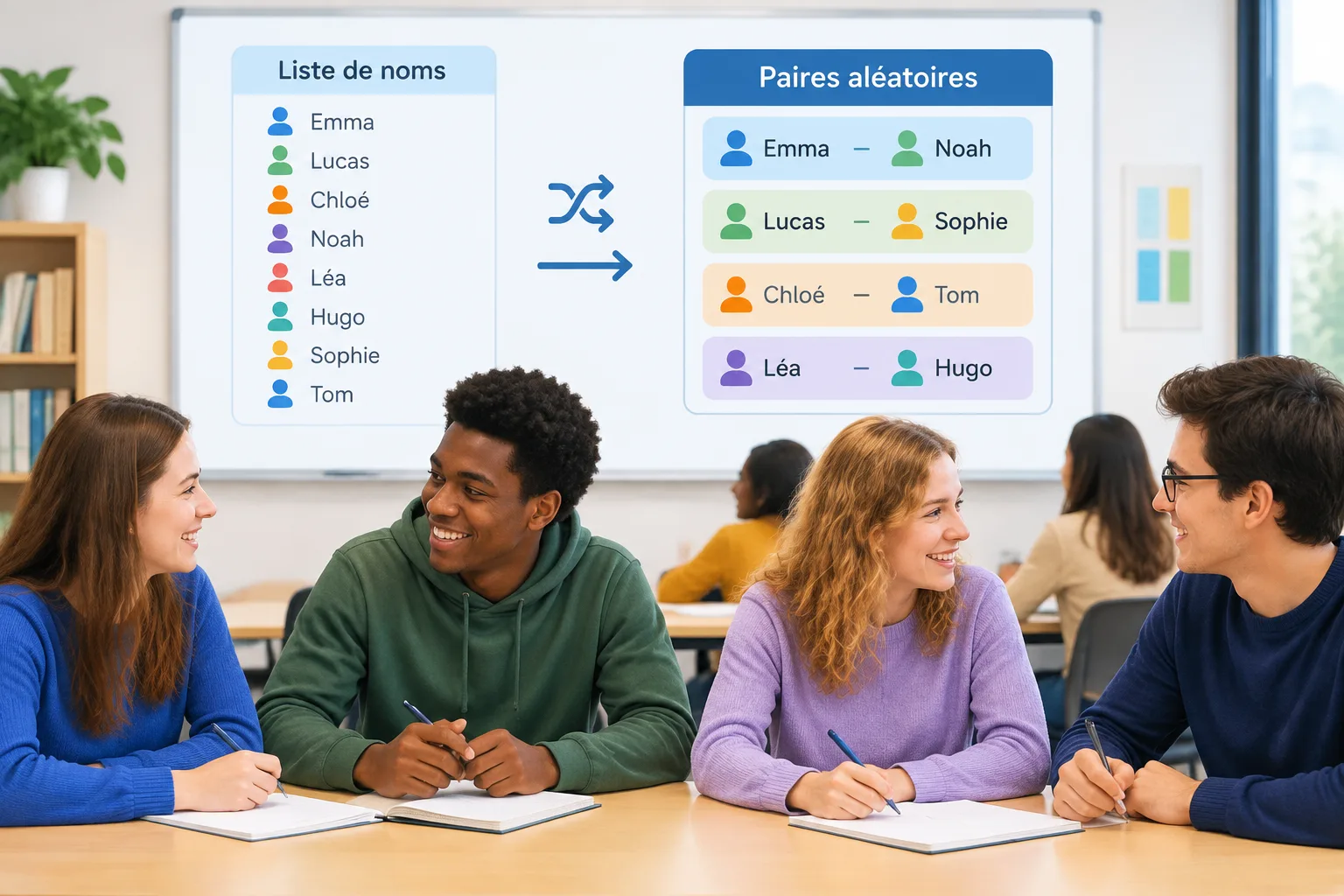 Illustration pédagogique montrant une liste de noms transformée en plusieurs paires aléatoires avec