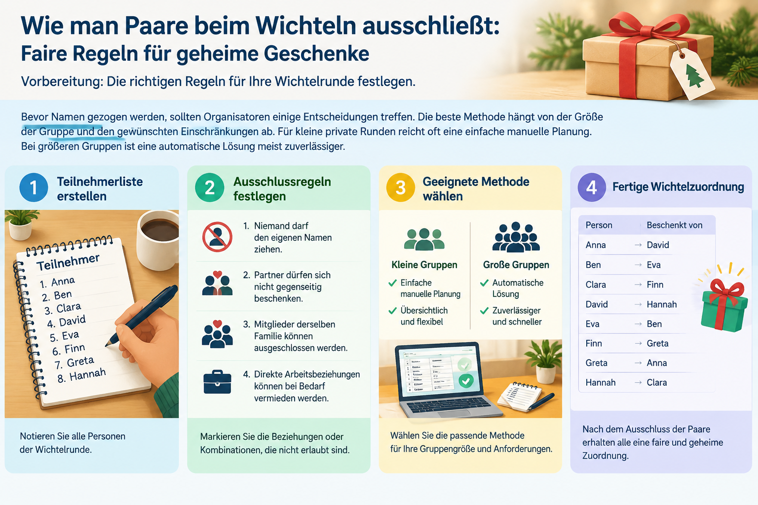 Eine einfache Schritt-für-Schritt-Grafik mit Teilnehmerliste
