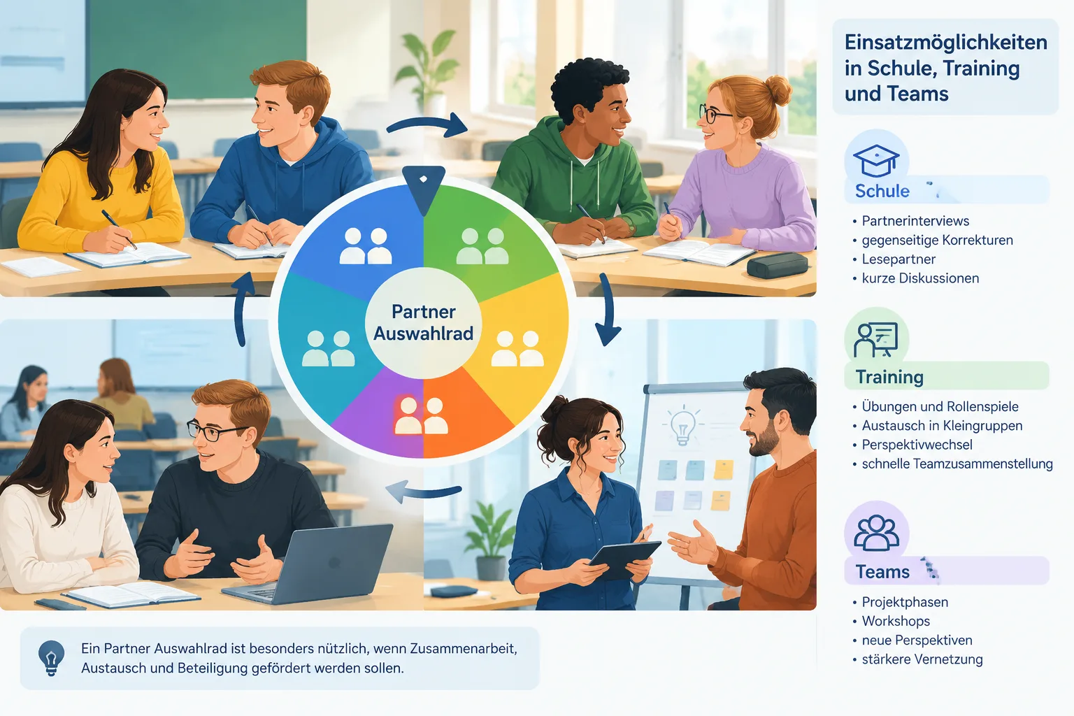 Neutral workshop illustration showing participants rotating through different partner combinations