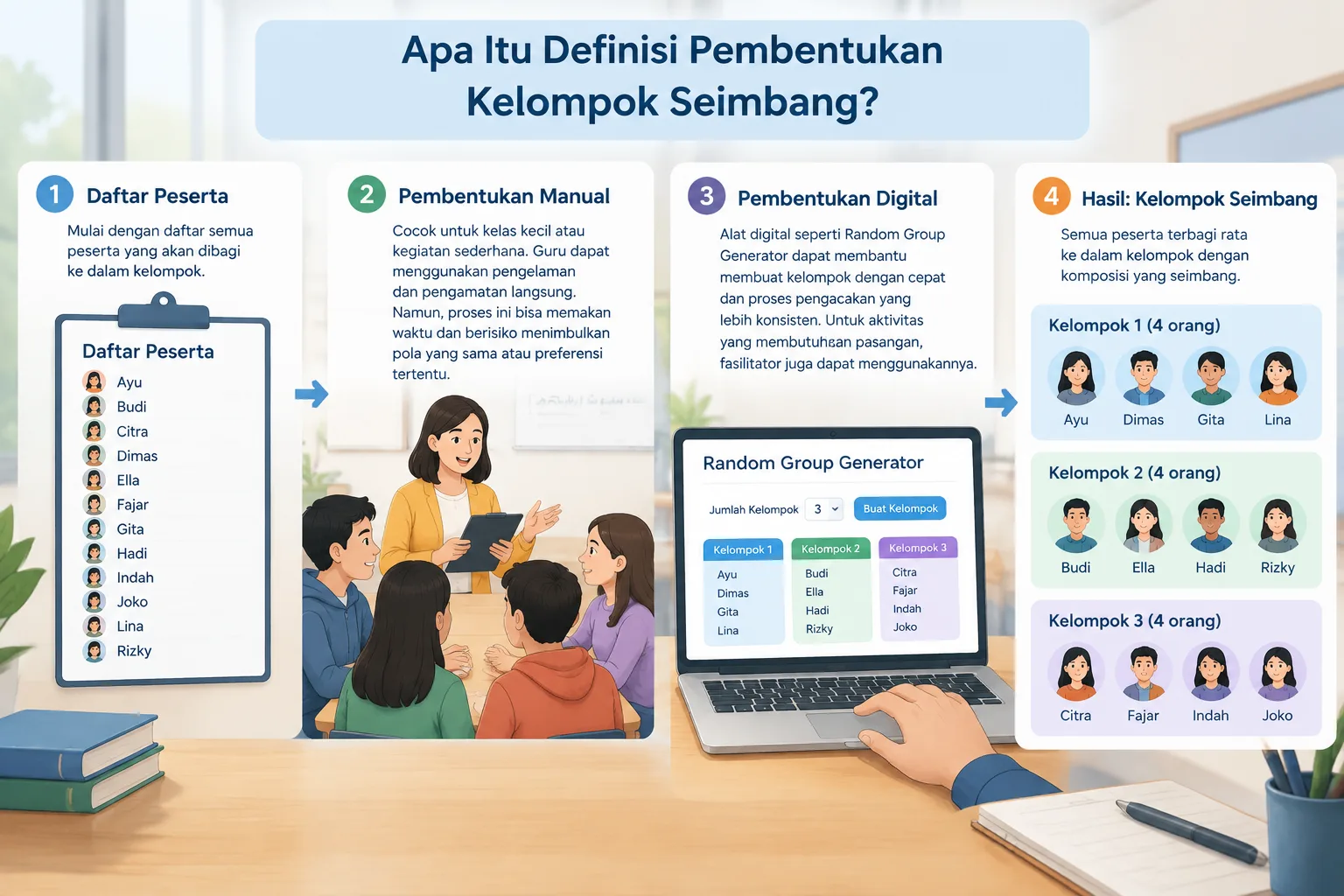 infografik langkah pembentukan kelompok seimbang dari daftar peserta hingga kelompok akhir yang terb