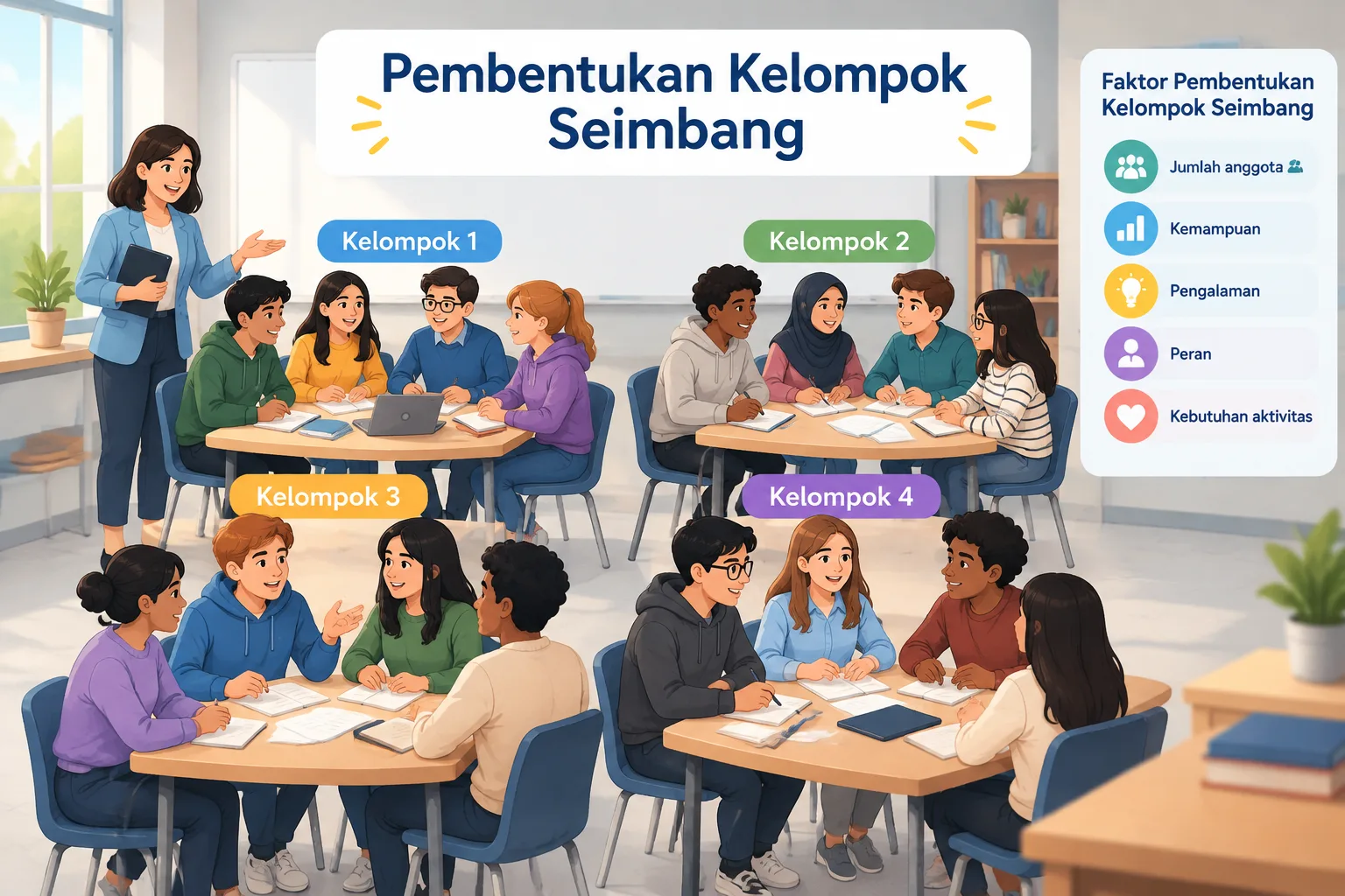 ilustrasi diagram kelompok belajar seimbang dengan beberapa kelompok berisi anggota yang beragam dal