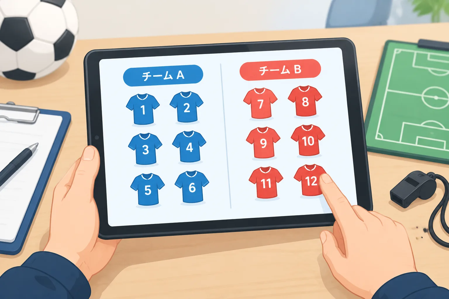 Clean instructional illustration of a tablet screen splitting twelve simple jersey icons into two so