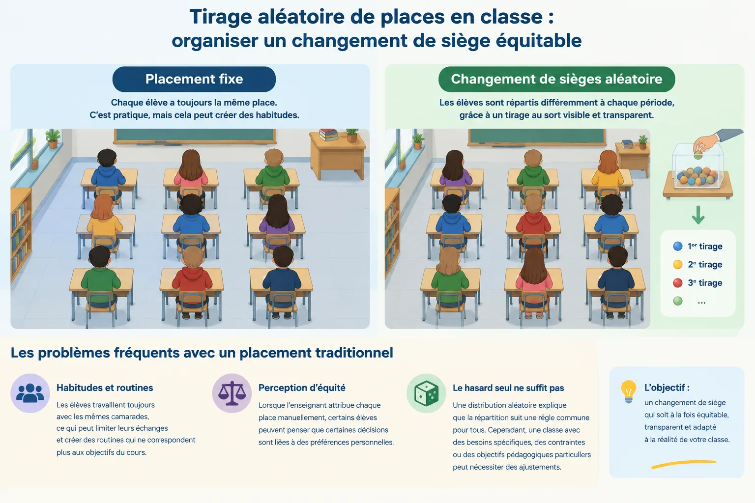 Schéma pédagogique comparant un placement fixe et un changement de sièges aléatoire avec une grille