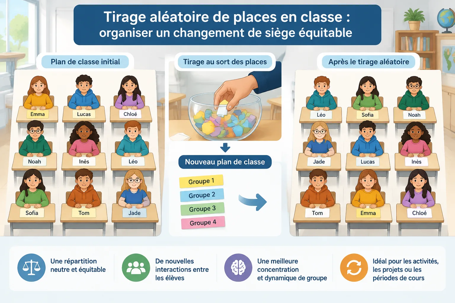 Illustration pédagogique montrant une grille de places de classe avec des groupes réorganisés par un