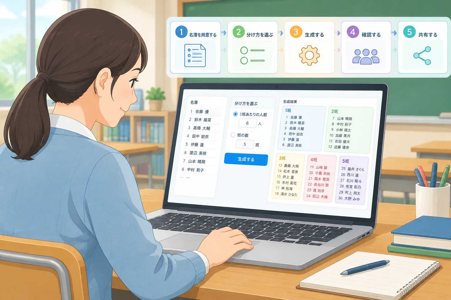 A teacher reviewing a simple random group list on a laptop screen at a classroom desk