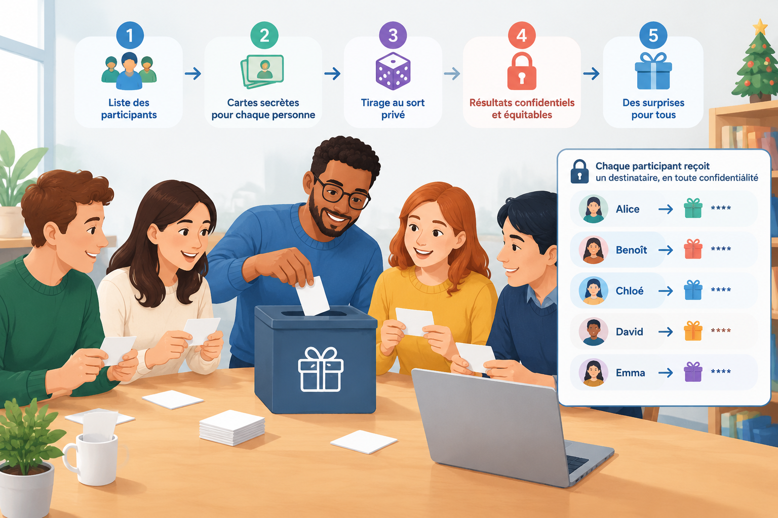 Illustration pédagogique montrant un groupe de participants avec des cartes secrètes reliées par un