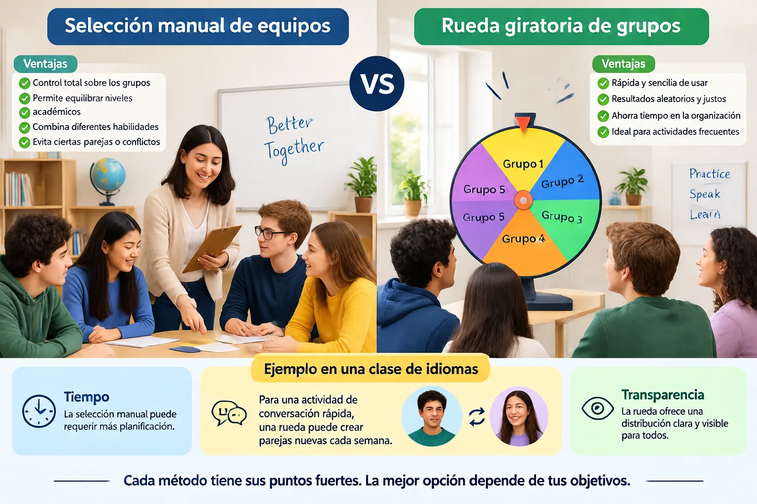Comparación visual entre selección manual de equipos y rueda aleatoria con ventajas de cada método