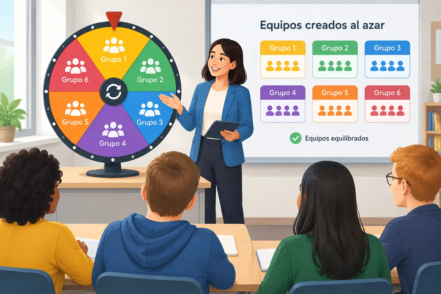 Ilustración de una rueda digital de grupos que divide participantes en equipos equilibrados para una