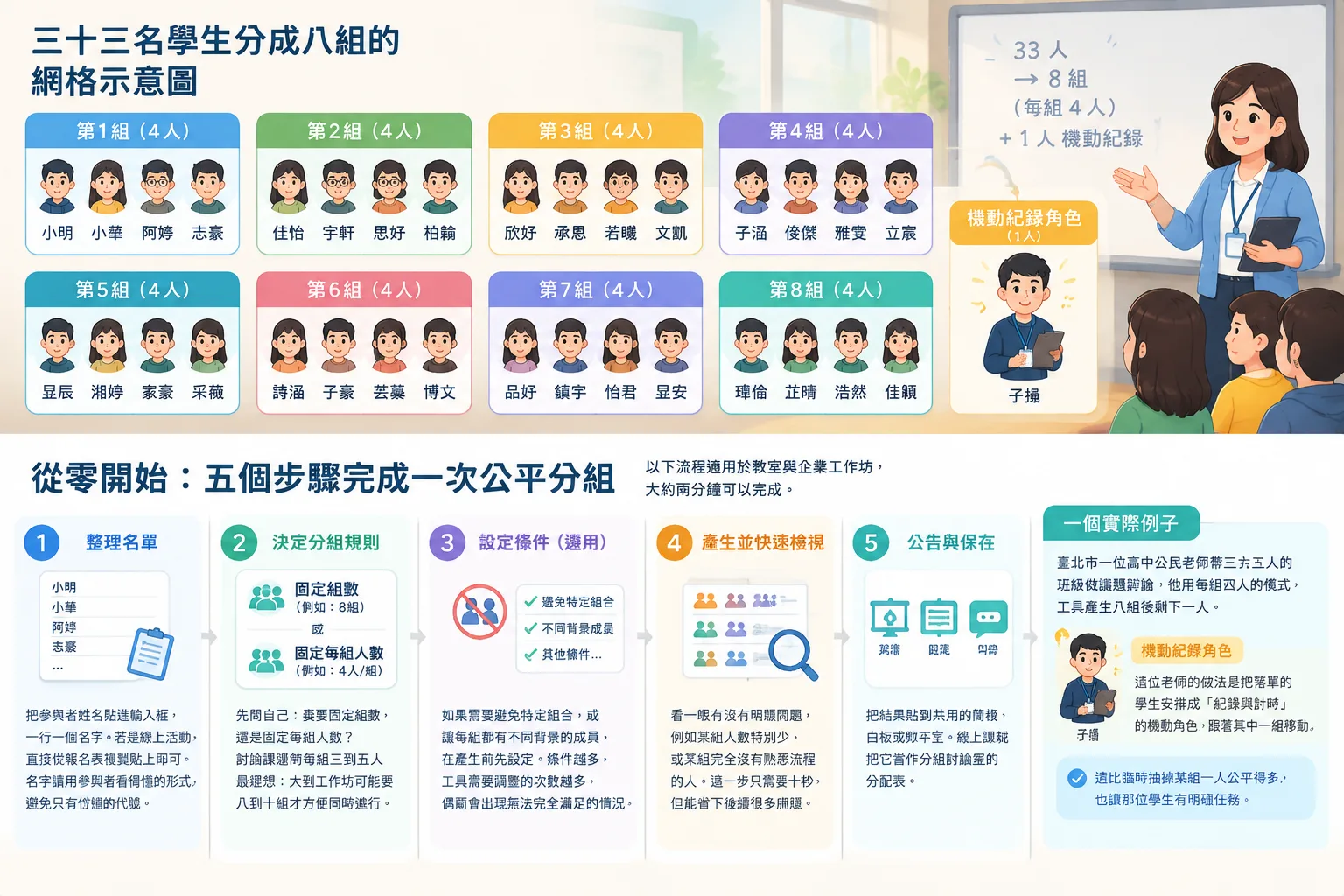 三十三名學生分成八組的網格示意圖，其中一組標示為機動紀錄角色