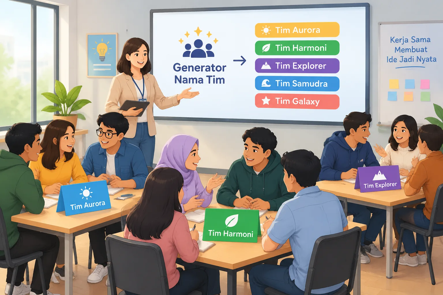 Ilustrasi diagram sederhana yang menunjukkan peserta dibagi menjadi beberapa kelompok dengan nama ti