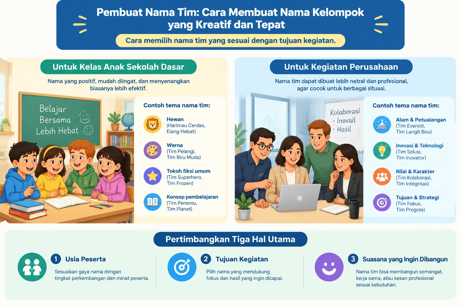 Infografik perbandingan tema nama tim untuk kelas