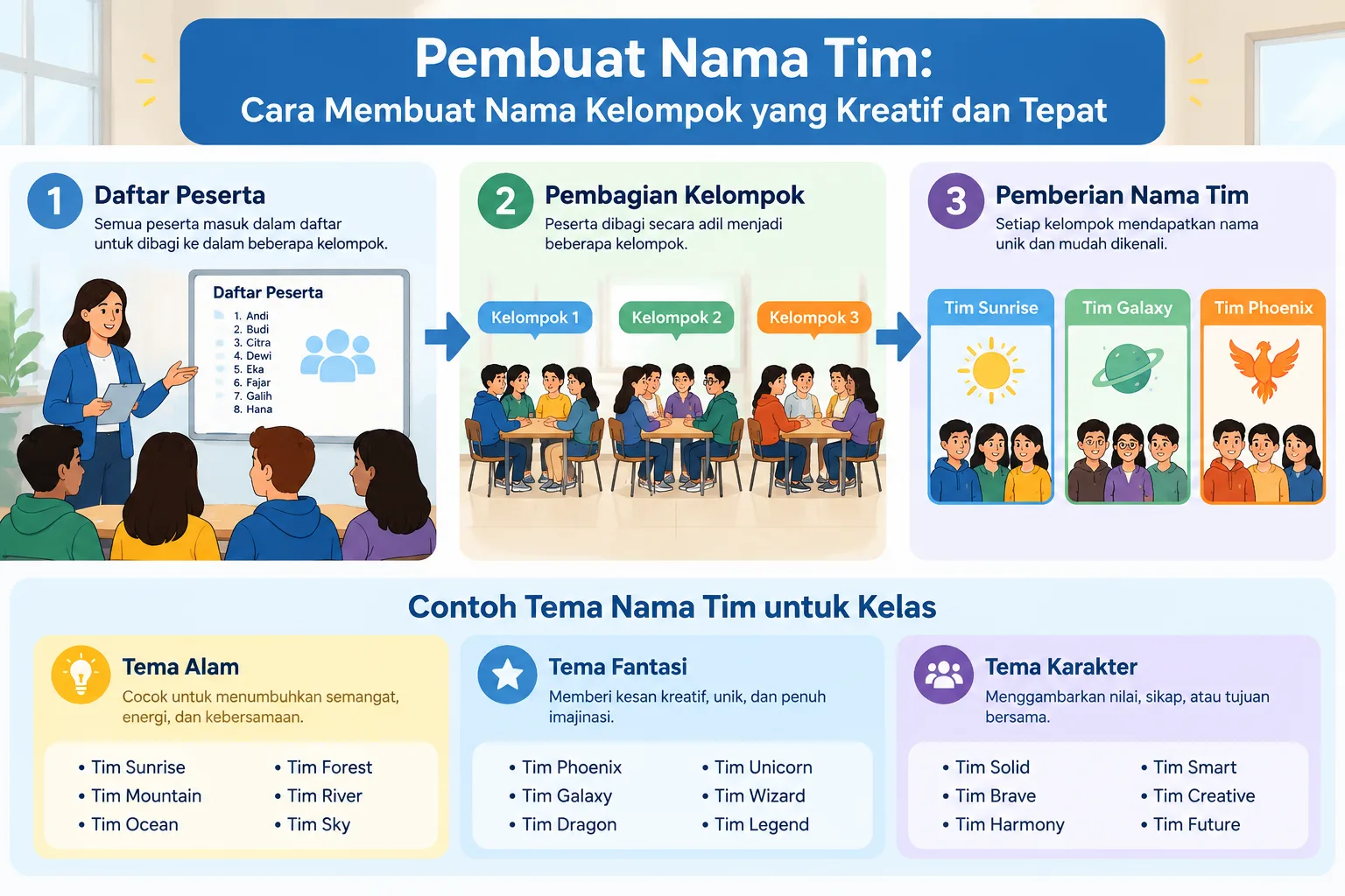 Ilustrasi diagram sederhana yang menunjukkan peserta dibagi menjadi beberapa kelompok dengan nama ti