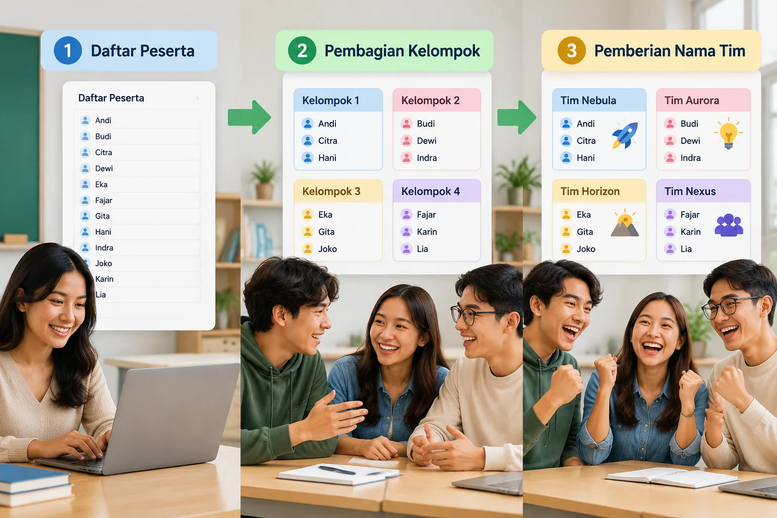 Alur kerja visual dari daftar peserta menuju pembagian kelompok lalu pemberian nama tim dalam tiga l