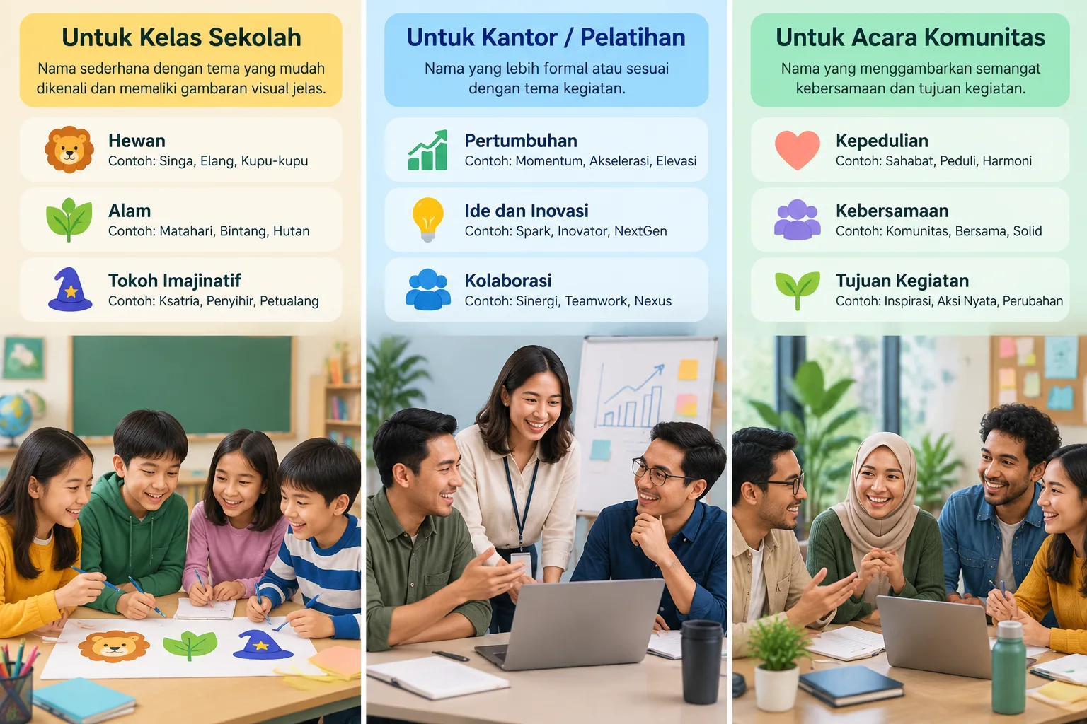 Infografik perbandingan tema nama tim untuk kelas