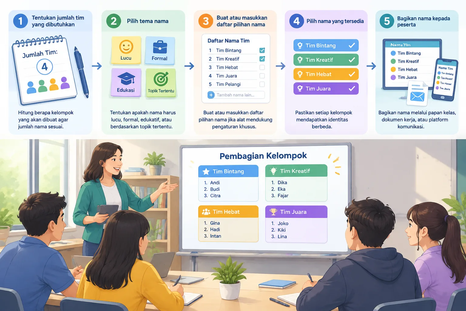 Alur kerja visual dari daftar peserta menuju pembagian kelompok lalu pemberian nama tim dalam tiga l