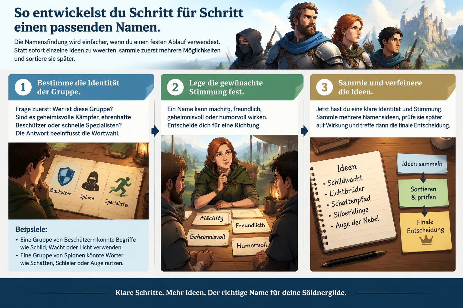 Ein Schritt-für-Schritt-Diagramm zur Entwicklung eines Gruppennamens mit Ideen