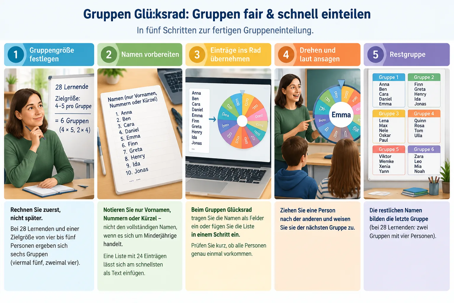 Fünf-Schritte-Diagramm: Namensliste, Einträge im Glücksrad, Dreh, Gruppentabelle, Restgruppe