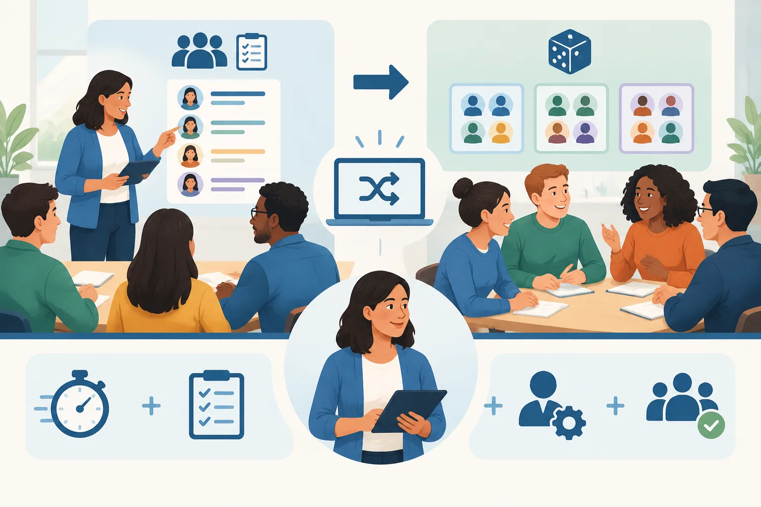 instructional infographic comparing manual team selection with a random group creation workflow