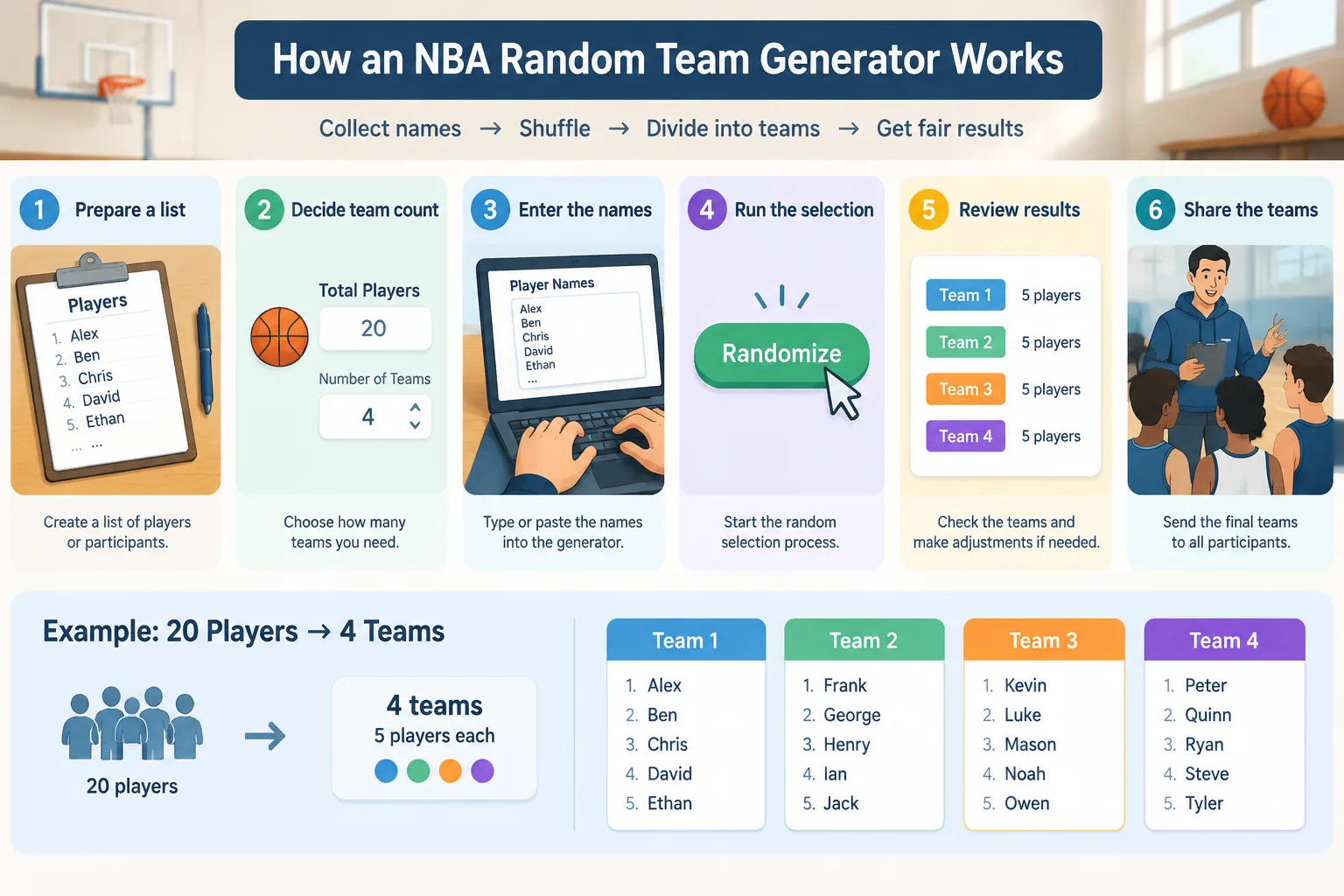 Simple step-by-step diagram showing names entered, randomized, and separated into basketball teams