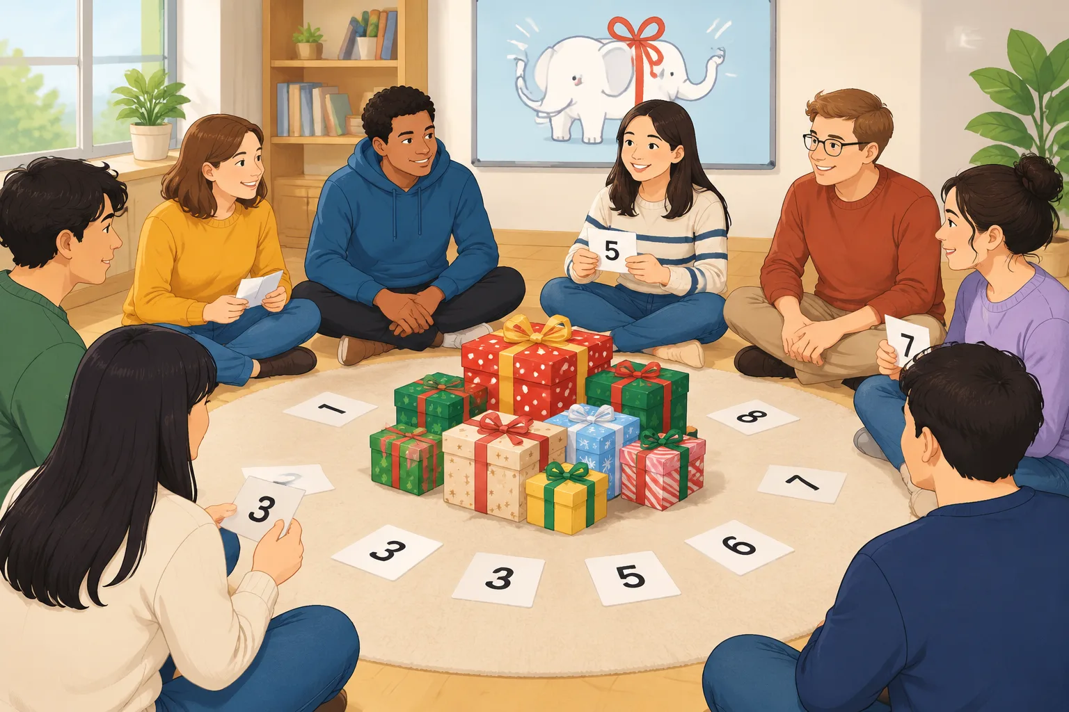 Clean instructional illustration of a white elephant gift exchange circle