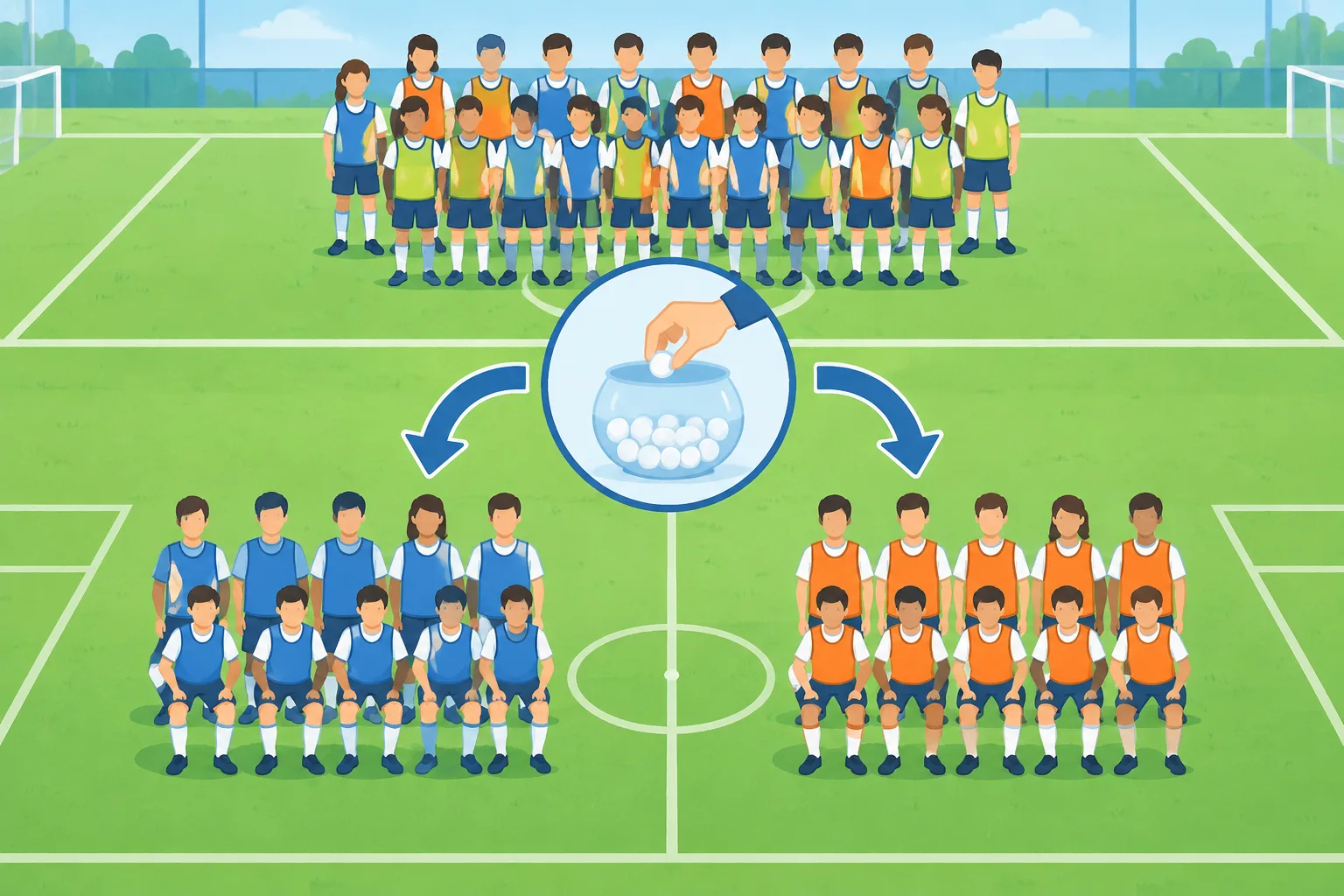 Clean instructional illustration of a soccer team random draw: simple player icons on a green pitch