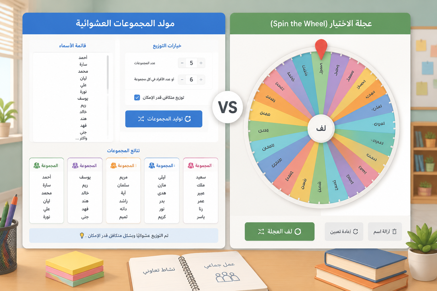 رسم توضيحي يظهر شاشة مقسمة: جهة اليسار واجهة مولد مجموعات عشوائية مع أسماء ومجموعات، جهة اليمين عجلة ألوان تدور وعليها أسماء، خلفية صفية ناعمة