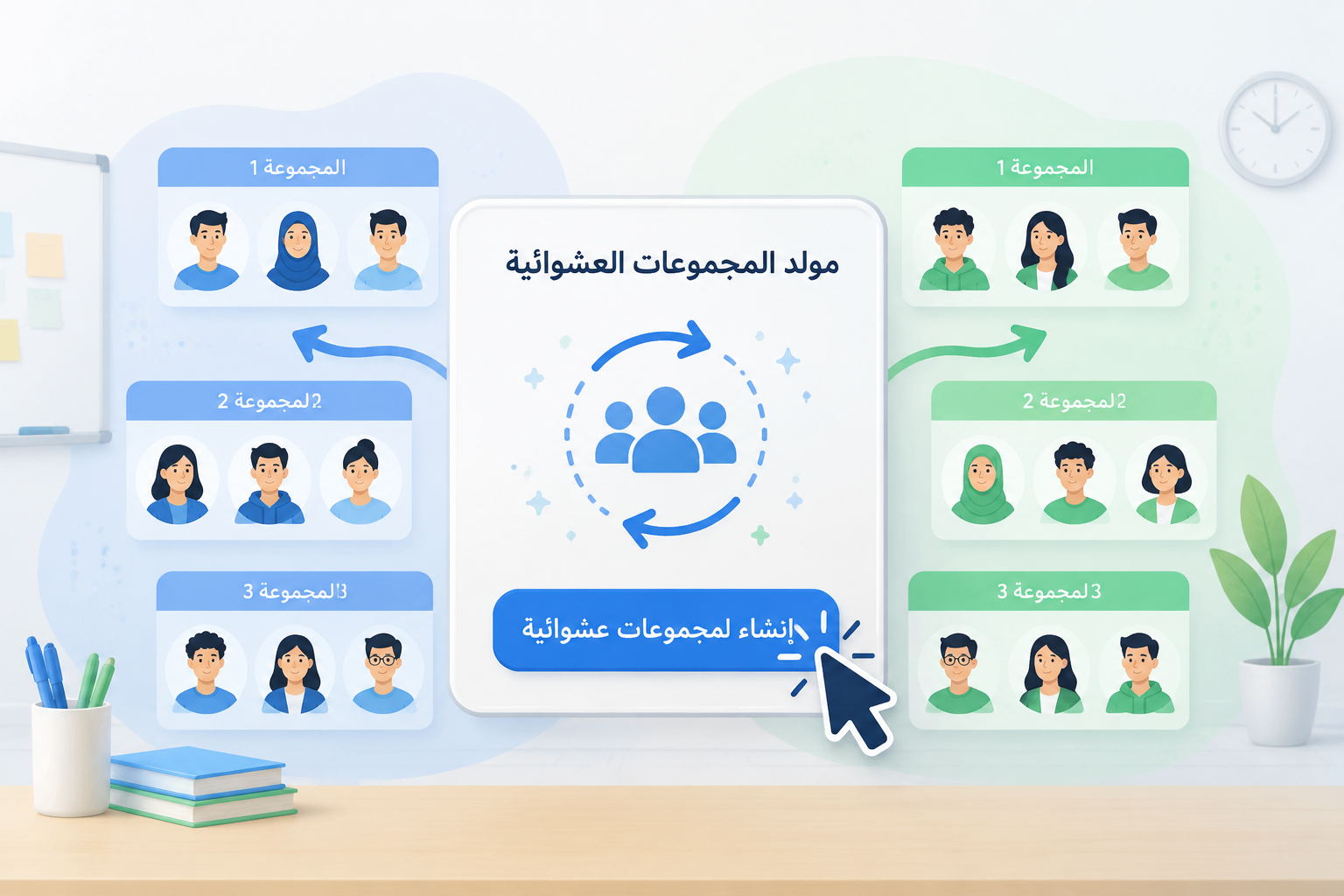 أيقونة بسيطة لمولد مجموعات عشوائية مع سهم يدعو للنقر، وخلفه ظلال لمجموعات ملونة باللونين الأزرق والأخضر اللطيفين