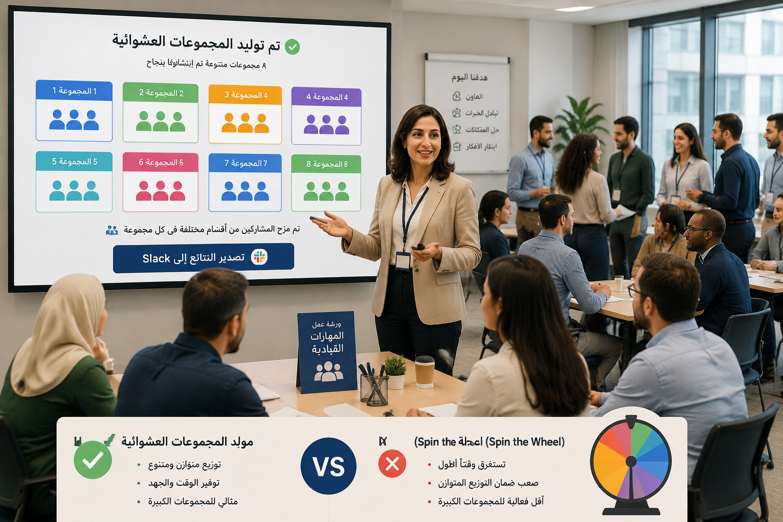 مدربة تقف أمام شاشة عرض تظهر عليها مجموعات ملوّنة تم توليدها للتو، والمشاركون في خلفية قاعة التدريب يتجهّزون للانضمام إلى مجموعاتهم
