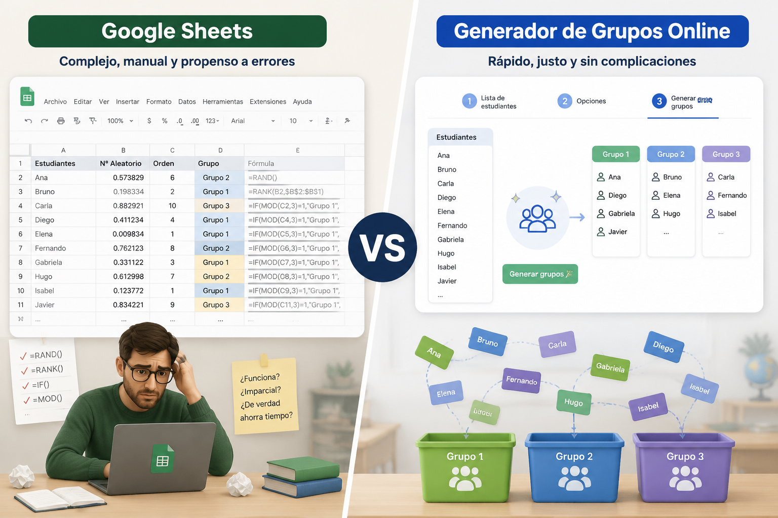 A split illustration comparing a spreadsheet full of complex formulas and a clean group generator interface with colorful name cards falling into neat groups