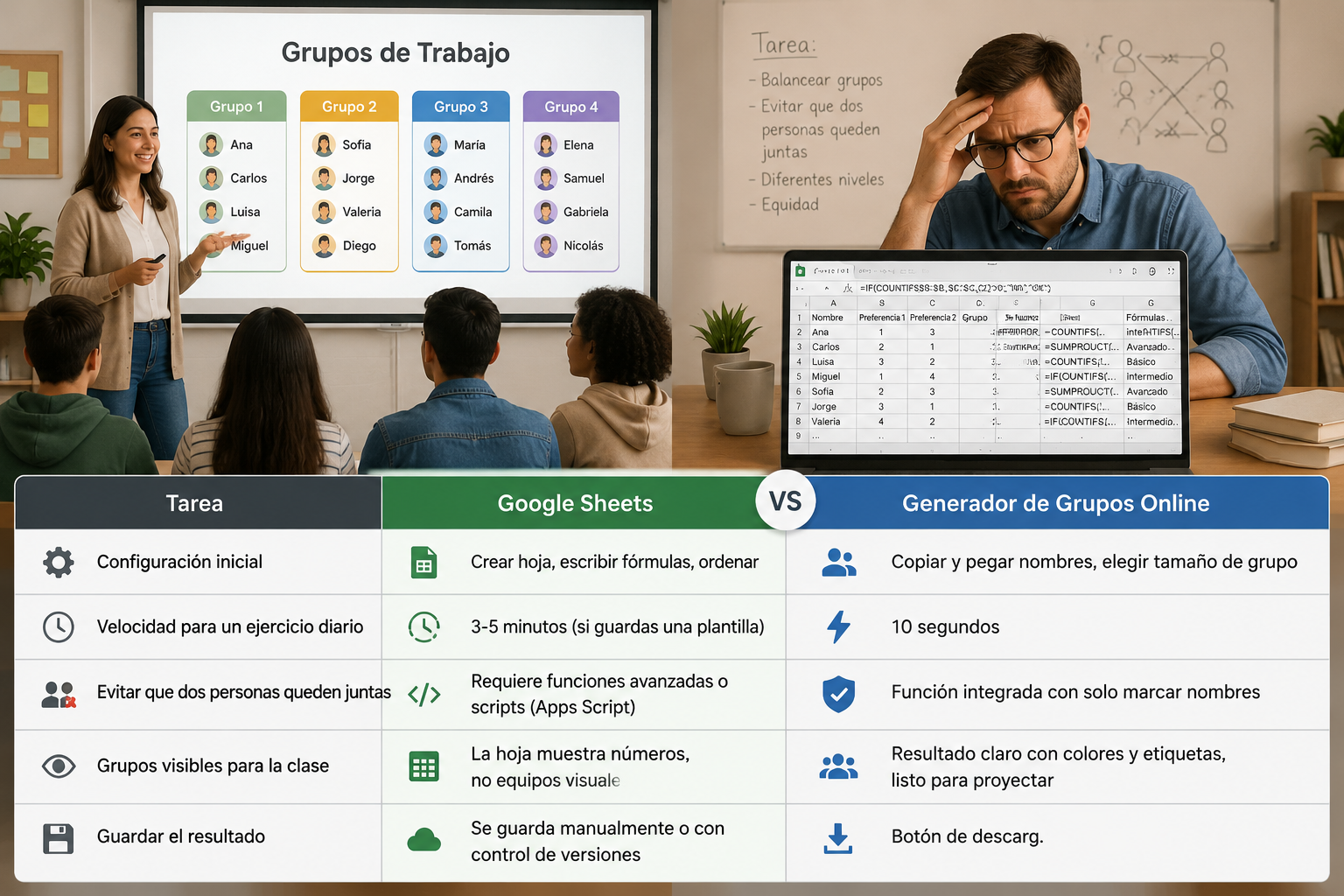 A teacher projecting a colorful group assignment on a classroom screen while students watch, next to a frustrated teacher staring at a spreadsheet full of formulas