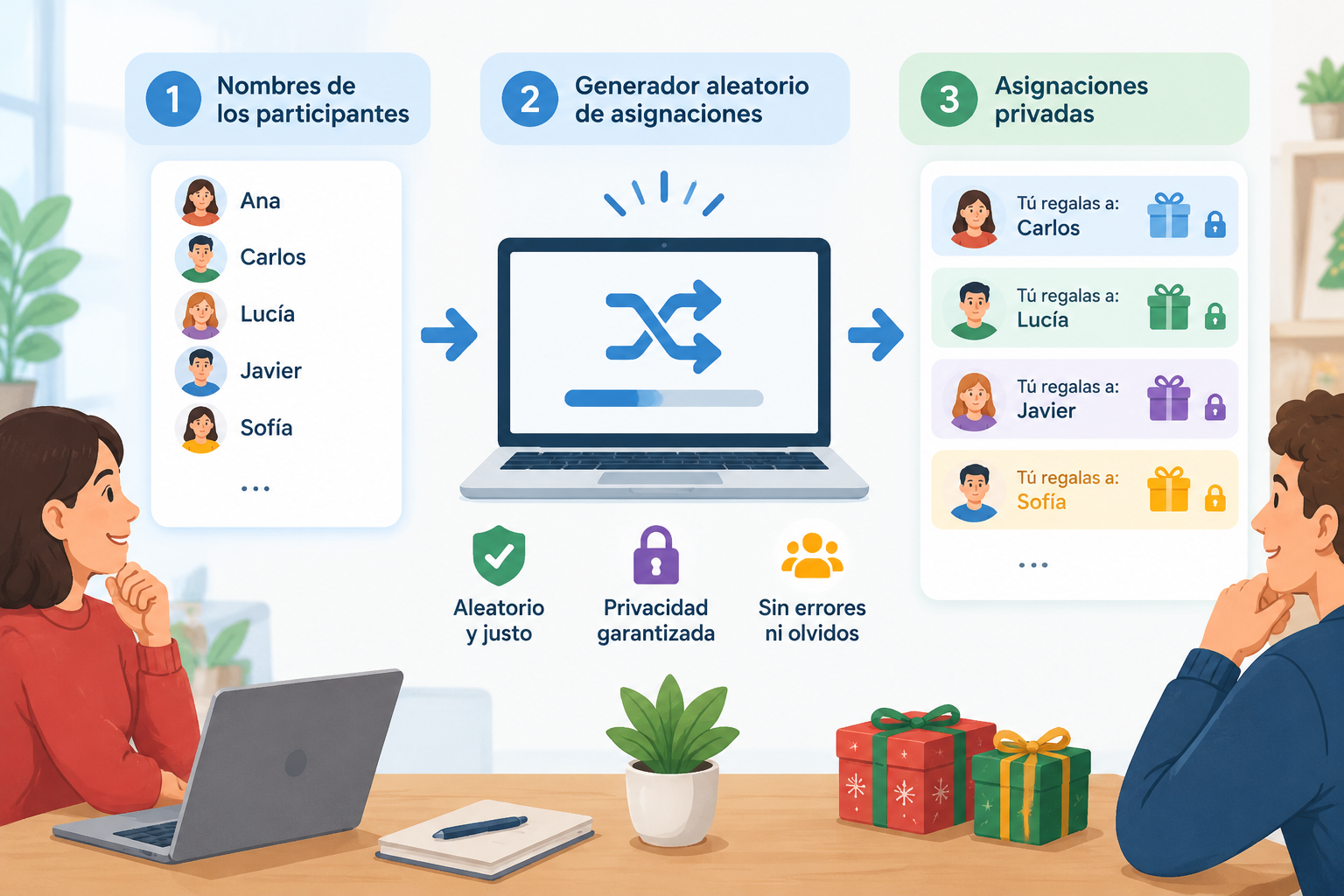 Diagrama instructivo de un sorteo de Santa secreto con nombres entrando en un proceso aleatorio y sa