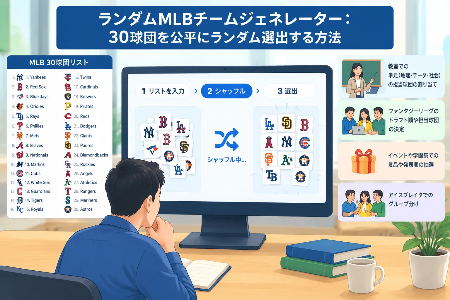 Clean instructional illustration of 30 baseball team cards being shuffled into a random order on a s