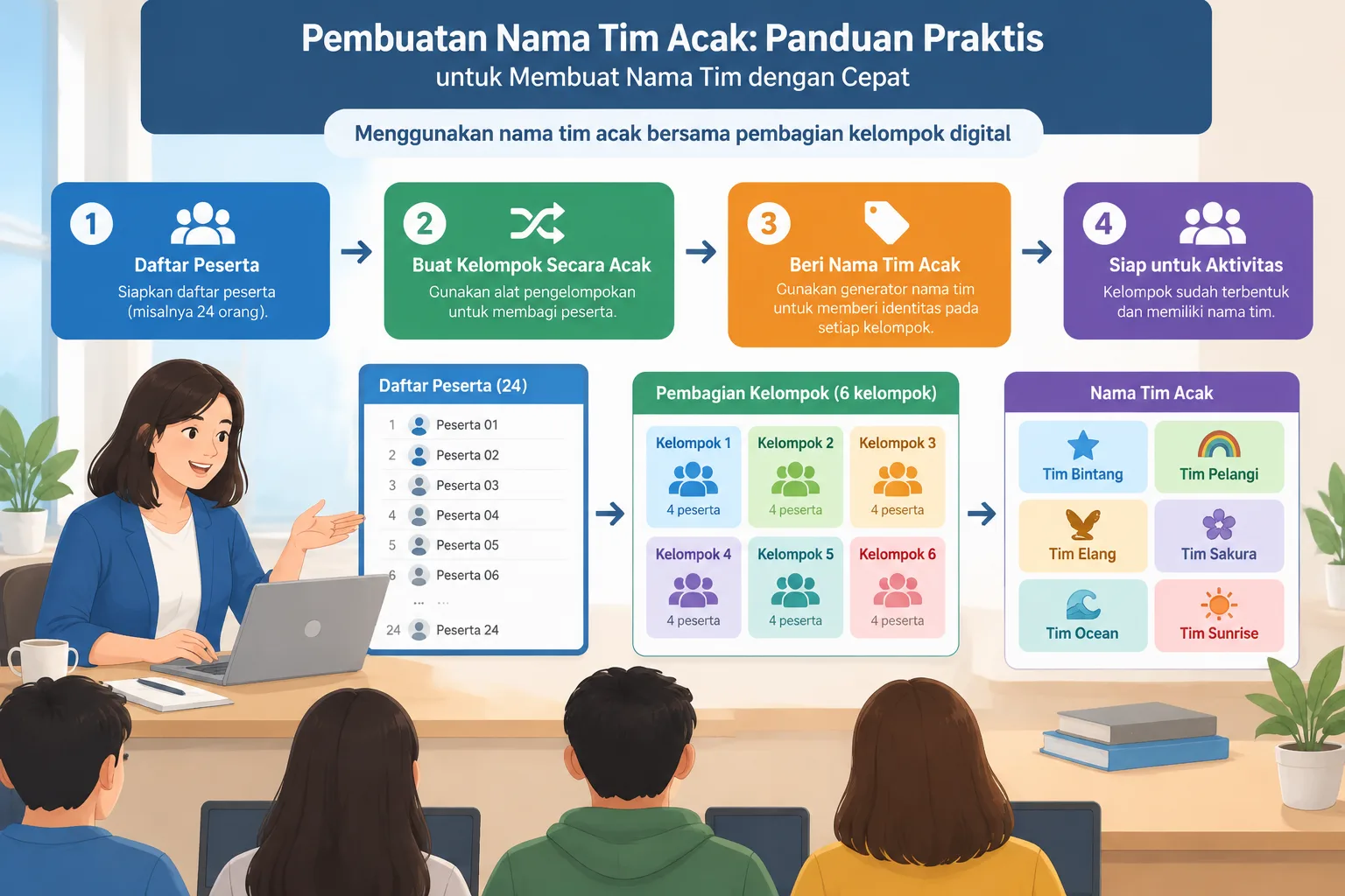 Diagram alur kerja digital dari daftar peserta menuju kelompok dan kemudian pemberian nama tim