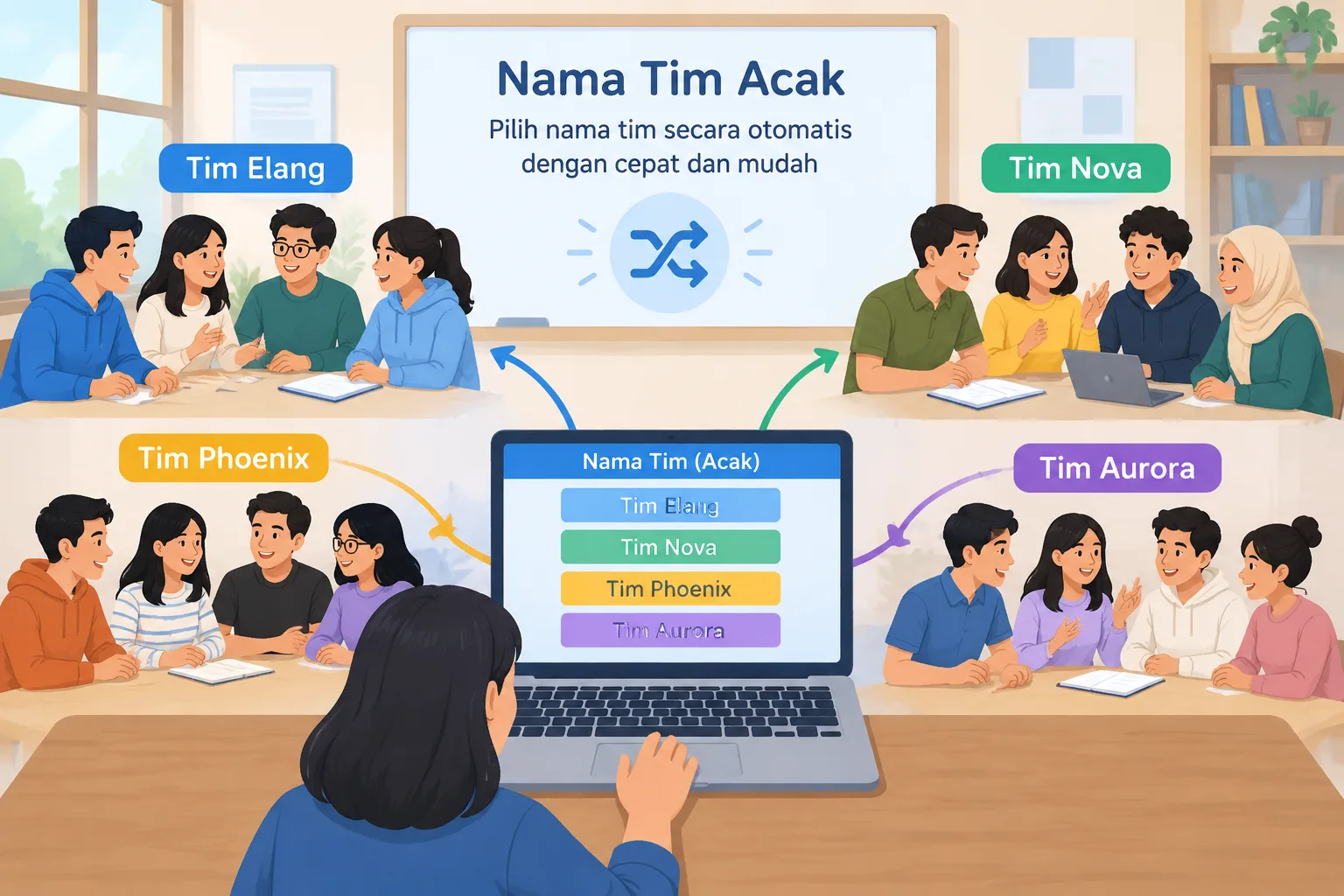 Ilustrasi diagram sederhana yang menunjukkan beberapa kelompok peserta mendapatkan nama tim acak dar
