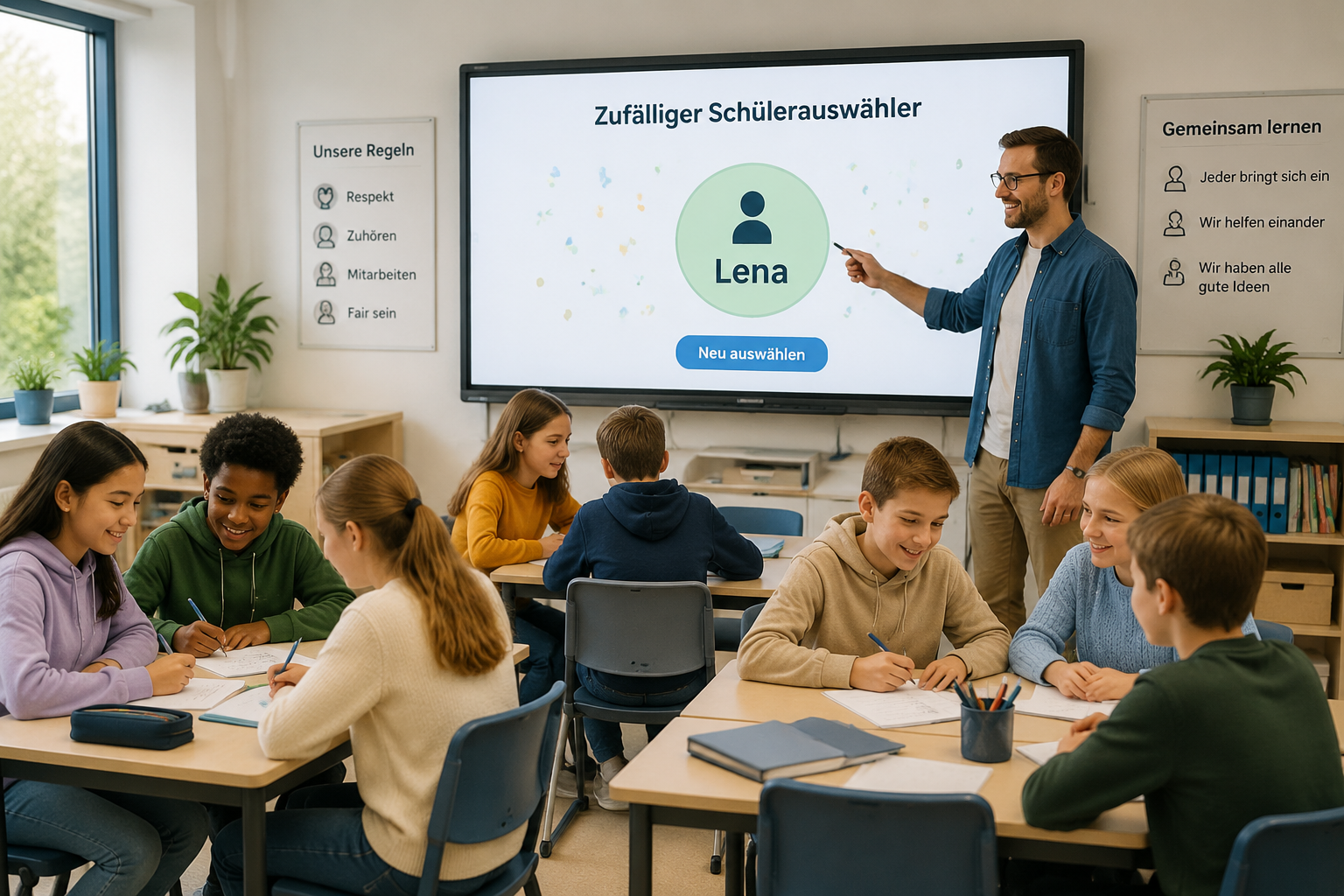 Ein Lehrer zeigt auf einem interaktiven Whiteboard einen zufälligen Schülerauswähler, dahinter sitzen Kinder in gemischten Kleingruppen und arbeiten gemeinsam an einer Aufgabe.