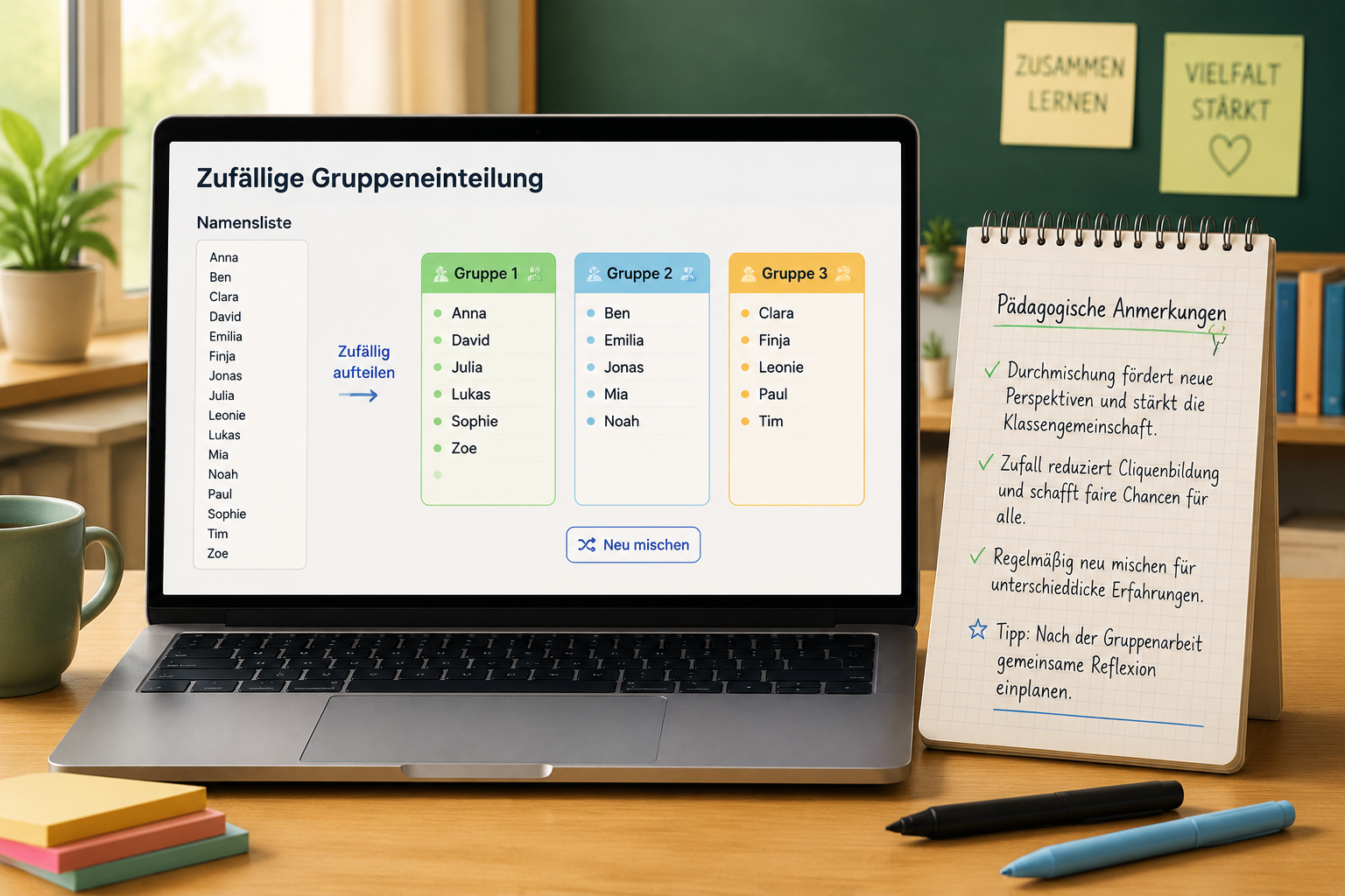 Eine Namensliste wird vor einem Laptopbildschirm zufällig in drei farblich markierte Gruppen aufgeteilt, daneben ein Notizblock mit pädagogischen Anmerkungen.