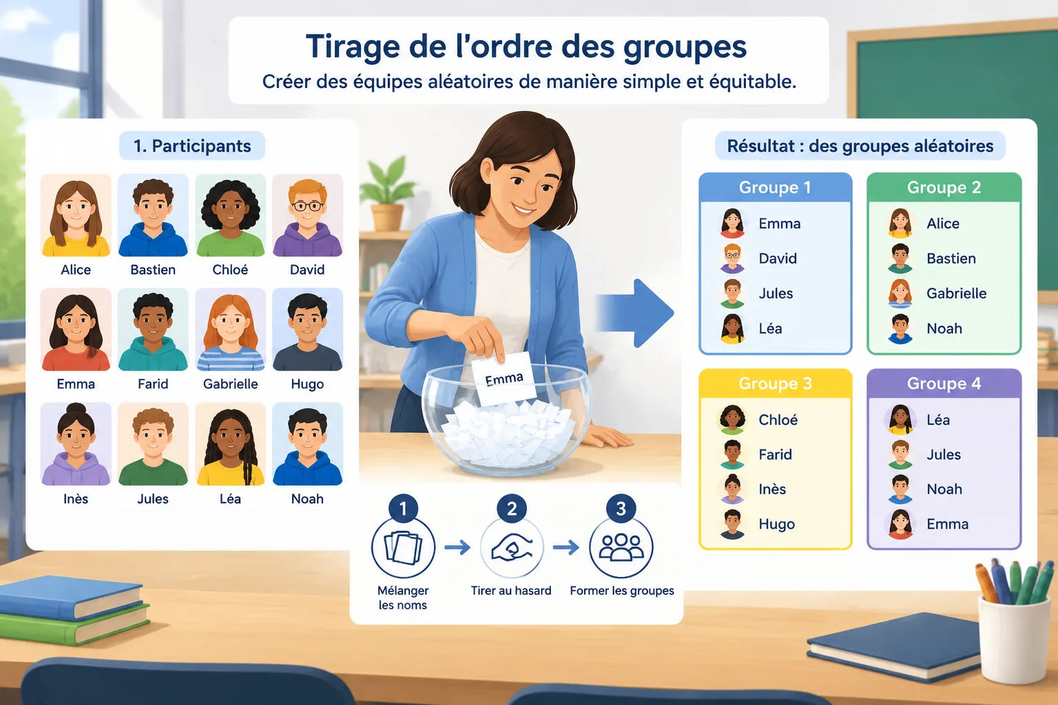Illustration pédagogique montrant une grille de participants répartis en groupes aléatoires avec un