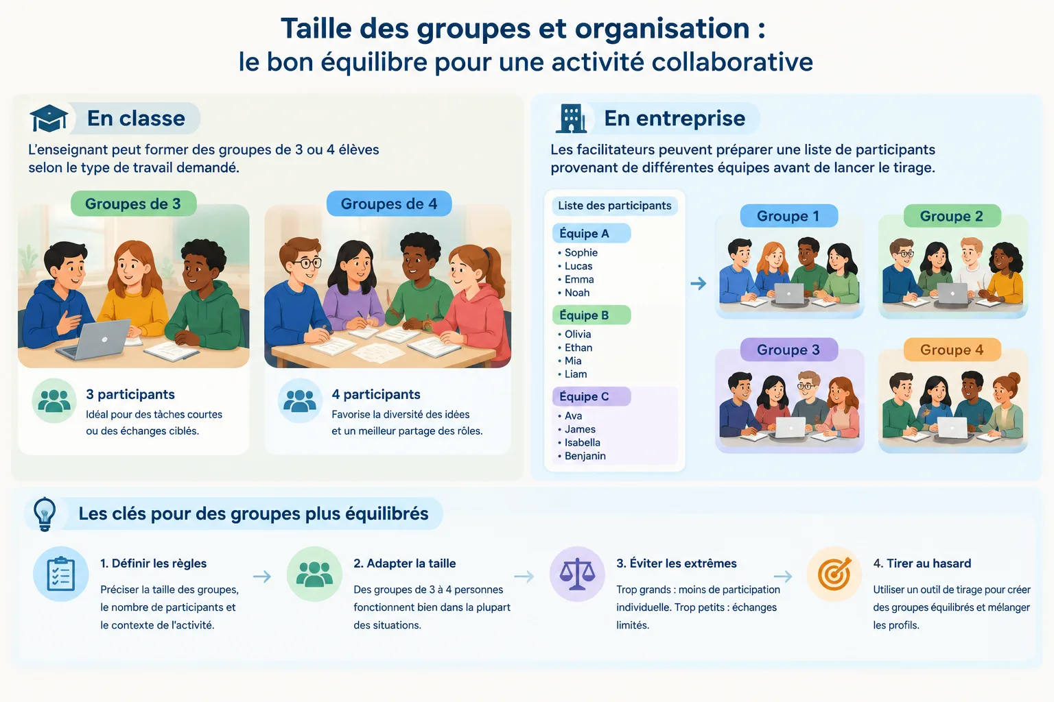 Schéma simple comparant différentes tailles de groupes et leur organisation pour une activité collab