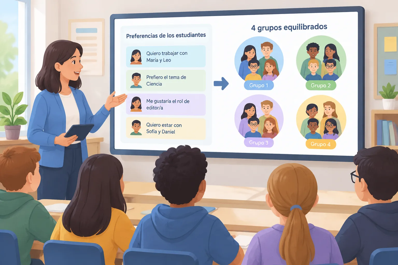 Flat illustration of a teacher turning student preference cards into four balanced group circles on
