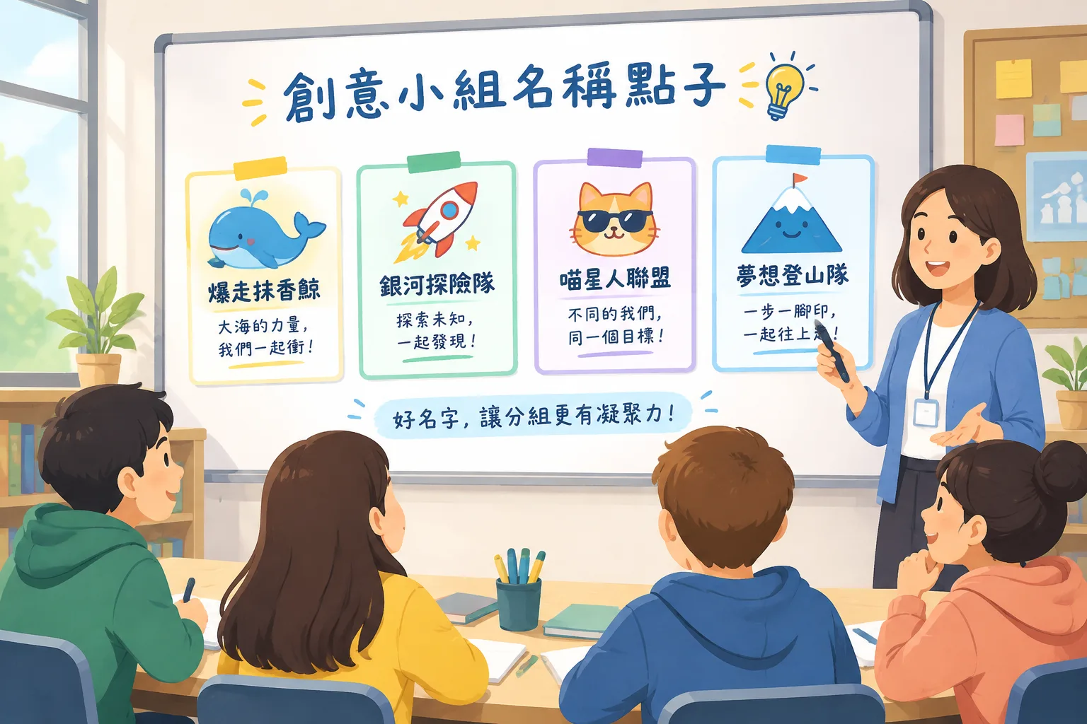 Flat illustration of a classroom whiteboard listing playful group names beside four cartoon team car