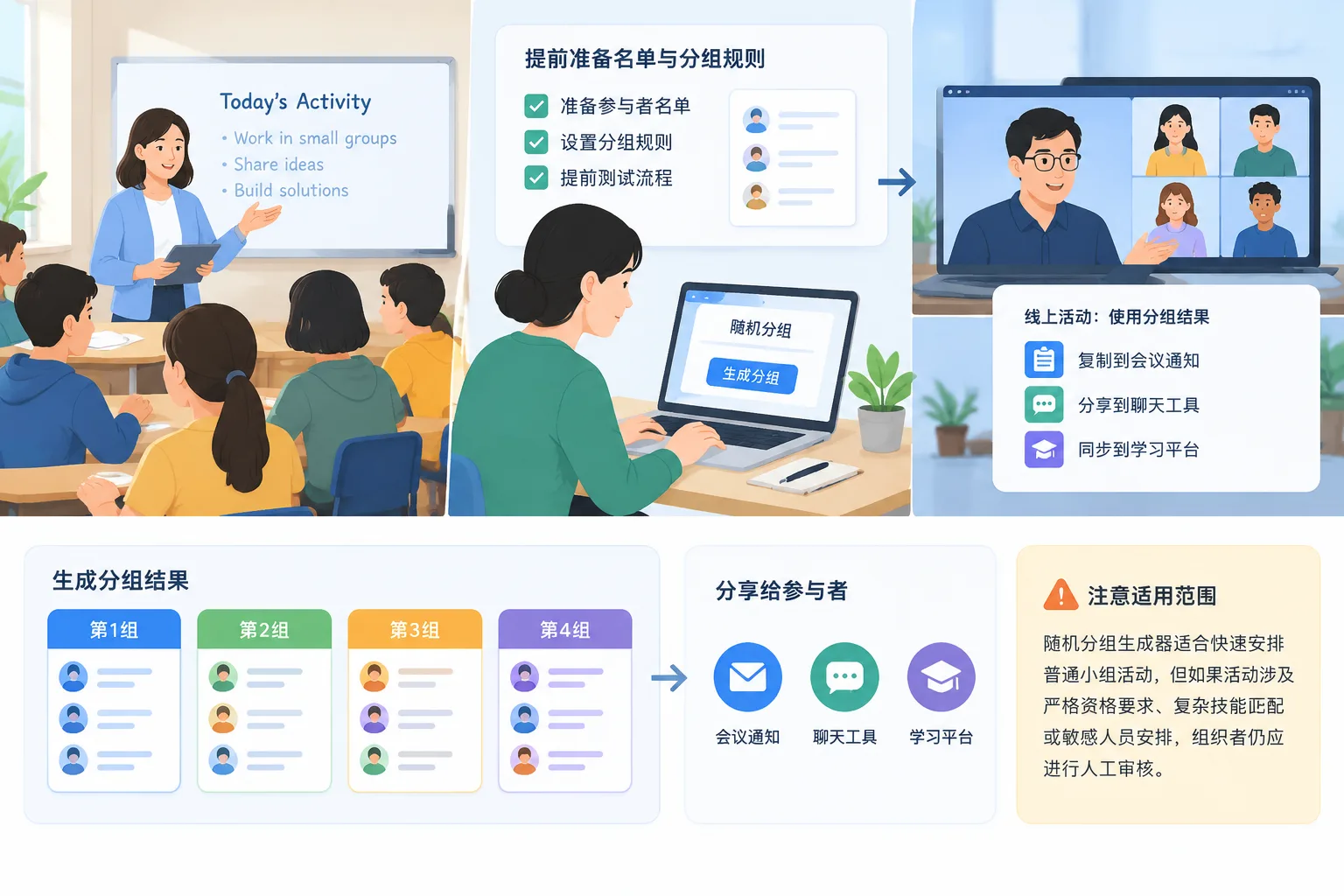 neutral workflow illustration showing classroom and online workshop grouping preparation
