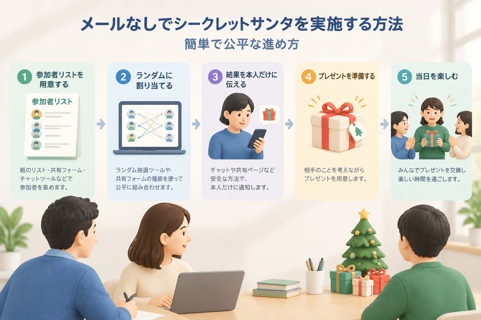 メールを使わず参加者リストから公平にシークレットサンタを割り当てる流れを示すシンプルな図