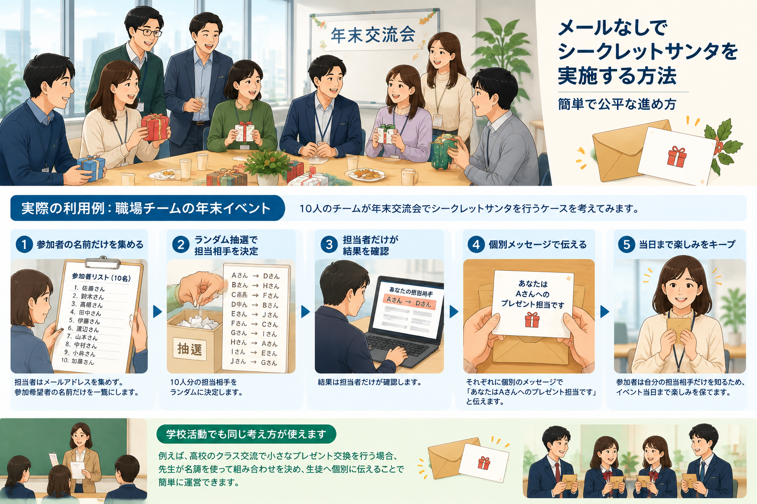 学校や職場イベントで封筒や個別通知を使って秘密の割り当てを伝えるイラスト