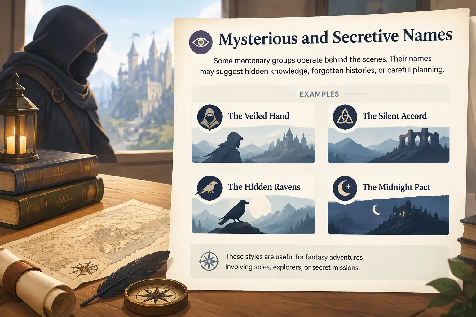 instructional fantasy naming chart comparing warrior, mysterious, and adventurous guild name styles