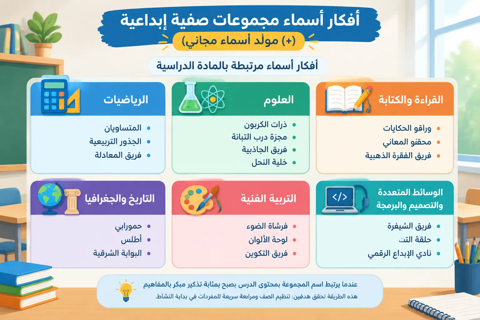 infographic grid mapping group name categories to school subjects with simple icons, no logos
